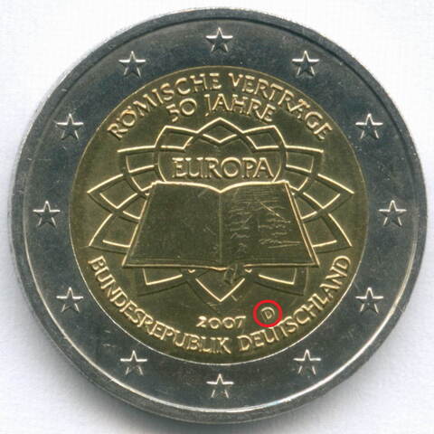 2 евро 2007 год (D). Германия. 50 лет подписания Римского договора. Биметалл AU