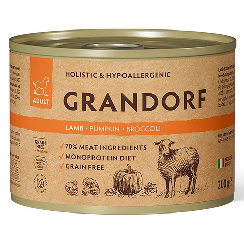 GRANDORF (Lamp Pate + Pumpkin + Broccoli) MONOPROTEIN монопротеиновый влажный корм для собак всех пород (беззерновая формула для особо аллергичных собак), ЯГНЕНОК + ТЫКВА + БРОКОЛЛИ, 200г х 6 шт