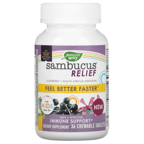 Nature's Way, Sambucus Relief, поддержка иммунитета, для детей, от 2 лет, со вкусом ягод, 36 жевательных таблеток