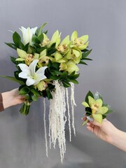 Букет невесты с лилией и фисташковыми орхидеями