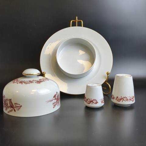 Антуражный набор маслёнка, солонка и перечница фарфор из набора "Королевская охота", деколь, роспись, винтаж ГДР JIMENAU, времен СССР, Германия 1973 год