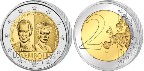 2 евро 2019 Люксембург 100 лет со дня вступления на престол княгини Шарлоты
