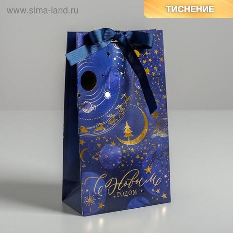 Пакет подарочный с лентой «Новогодний космос», 13 × 23 × 7 см