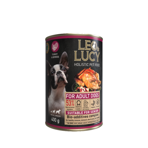 LEO&LUCY влажный холистик корм консервированный полнорационный - паштет для взрослых собак всех пород с индейкой, ягодами и биодобавками, подходит пожилым, 400 г.