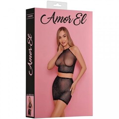 Комплект эротический Amor El, юбка и топ в сетку со стразами, S/L