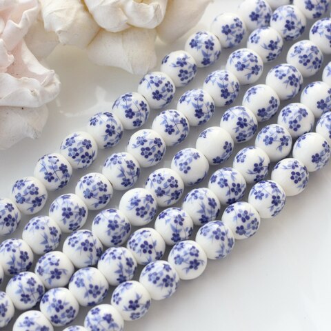 Бусина Шарик, керамика, белая с синей росписью, 10 мм, 1 нить, К156