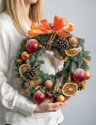 Новогодний венок из датской ели (оранжевый)