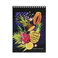 
          Скетчбук А5 30л., "Тропические фрукты", 160 г/м2, Проф-Пресс, гребень, матовая ламинация. жёсткая подложка, белый офсет