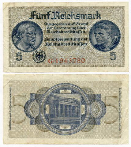 Банкнота Германия 3 рейх 5 рейхсмарок 1939 год G 1943780. Билеты имперских кредитных касс для оккупированных территорий. F-VF