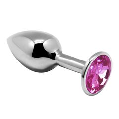 Серебристая анальная втулка с розовым кристаллом Mini Metal Butt Plug Size S - 7 см. - 