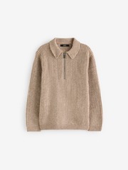 Поло на молнии с длинным рукавом вязаное для мальчика Next K84-146, Бежевый
