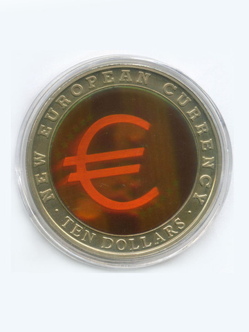 10 долларов 2003 год. Либерия. Новая валюта Европы. Медно-никель с голограммой