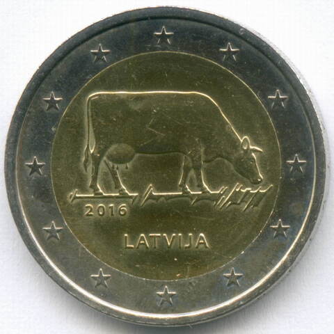 2 евро 2016 год. Латвия. Бурая корова - Сельское хозяйство. Биметалл XF-AU