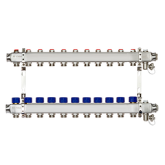 Коллектор распределительный Ридан SSM-11R set с кронштейнами, ручным воздухоотводчиком, сливным краном и торцевой заглушкой, 11 выходами