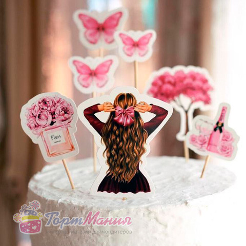 Набор топперов для торта   «Девушка  с розовым декором»