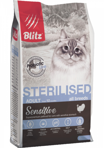 Blitz Sensitive Turkey Adult Sterilised Cat сухой, кошки, индейка, стерил. (2 кг)