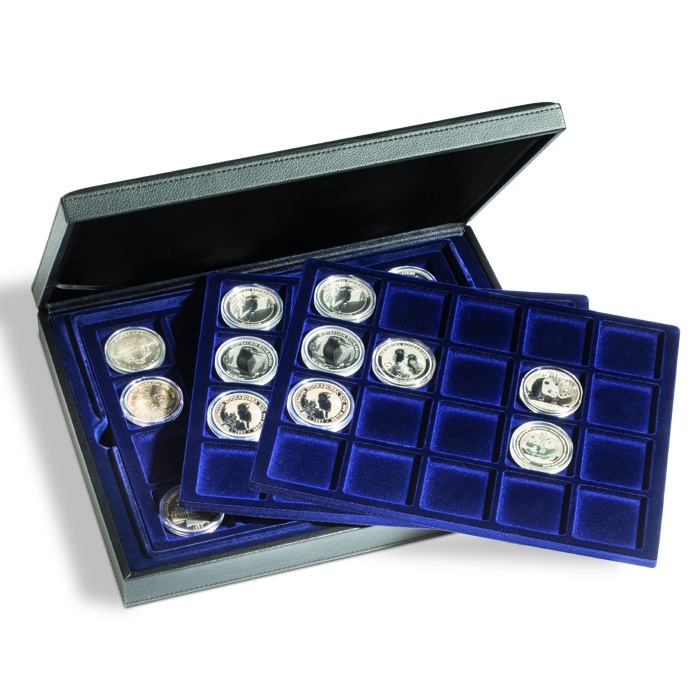 Кассета для монет PRESIDIO на 60 монет в капсулах D до 48 мм, 3 вкладыша с синей поверхностью под велюр