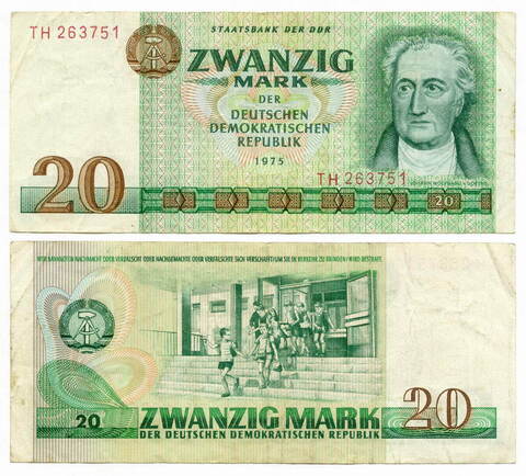 Банкнота Германия-ГДР 20 марок 1975 год TH 263751. VF