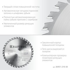 KRAFTOOL Optima, 210 х 30 мм, 36Т, пильный диск по дереву (36951-210-30)