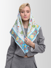 Платок «Зачатьевская роспись. Райский сад» голубой 100% шёлк