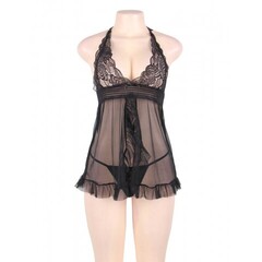 Комплект: черная прозрачная сорочка и стринги (размер 3XL-4XL)