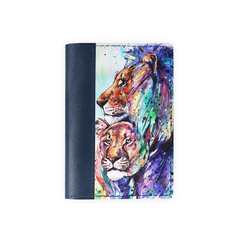 Обложка на паспорт комбинированная "Пара львов", синяя