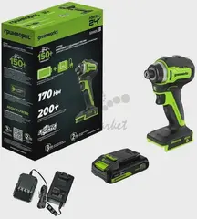 Винтоверт ударный аккумуляторный Greenworks ID3170, 24V, б/щет, 0-3200 об/мин, 4000 уд/мин, HEX 1/4, 170Нм, 1х2Ач, ЗУ, кор (3804907CUA)