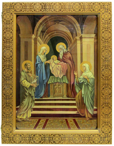 Живописная икона Сретение Господа нашего Иисуса Христа 42х29см на кипарисе в березовом киоте