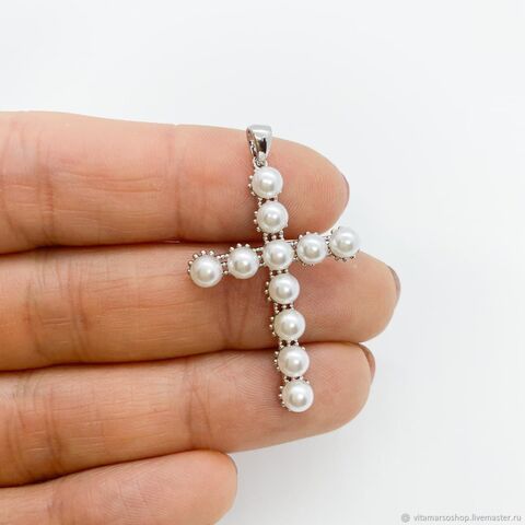 УЦЕНКА!!! Подвеска Крестик с жемчужинами 35*24 мм, родиевое покрытие, У094