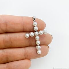 УЦЕНКА!!! Подвеска Крестик с жемчужинами 35*24 мм, родиевое покрытие, У094