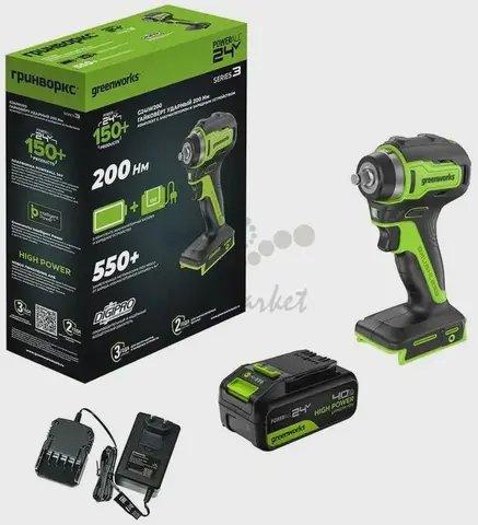 Гайковерт ударный аккумуляторный Greenworks G24IW200, 24V, б/щет, 3/8'', 200Нм, 1х4Ач, ЗУ, кор (3803607CUB)