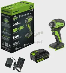 Гайковерт ударный аккумуляторный Greenworks G24IW200, 24V, б/щет, 3/8'', 200Нм, 1х4Ач, ЗУ, кор (3803607CUB)