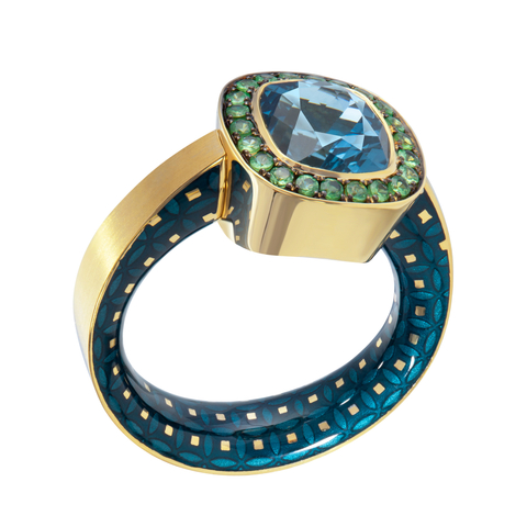 Кольцо с Топазом и Цаворитами, Эмаль, R0176-52/13