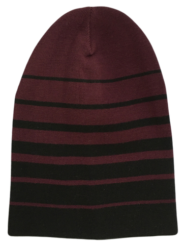 Зимняя двухслойная удлиненная шапочка бини c полосками. Градиент - переход от черного к бордовому оттенку.