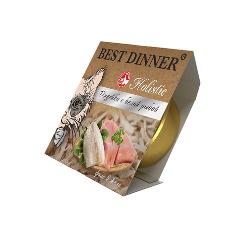 Best Dinner Holistic Влажный консервированный полноценный корм для взрослых и стерилизованных кошек. Мясные волокна в желе "Индейка с белой рыбой" (упаковка 6 шт * 75 г)