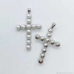 УЦЕНКА!!! Подвеска Крестик с жемчужинами 35*24 мм, родиевое покрытие, У094