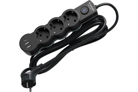 Сетевой фильтр, удлинитель Космос  YKsm5m3g-Z-VU10A-B 3 розетки 5 метров, USB, черный, заземление, выключатель, 10А, 220 вольт, ПВС 3х1, IP20 - купить в компании MAKtorg