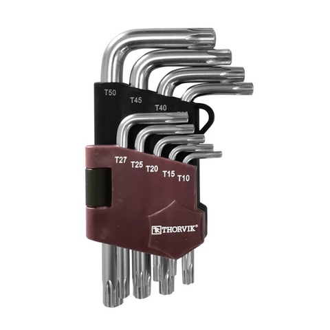 Thorvik TTKS9S Набор ключей торцевых T-TORX® коротких с центрированным штифтом, Т10H-T50H, 9 предметов
