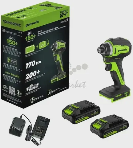Винтоверт ударный аккумуляторный Greenworks ID3170, 24V, б/щет, 0-3200 об/мин, 4000 уд/мин, HEX 1/4, 170Нм, 2х2Ач, ЗУ, кор (3804907CUС)