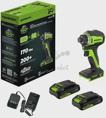 Винтоверт ударный аккумуляторный Greenworks ID3170, 24V, б/щет, 0-3200 об/мин, 4000 уд/мин, HEX 1/4, 170Нм, 2х2Ач, ЗУ, кор (3804907CUС)