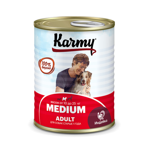 Консервированный корм KARMY, для взрослых собак крупных пород, с индейкой, 340 г (Карми)