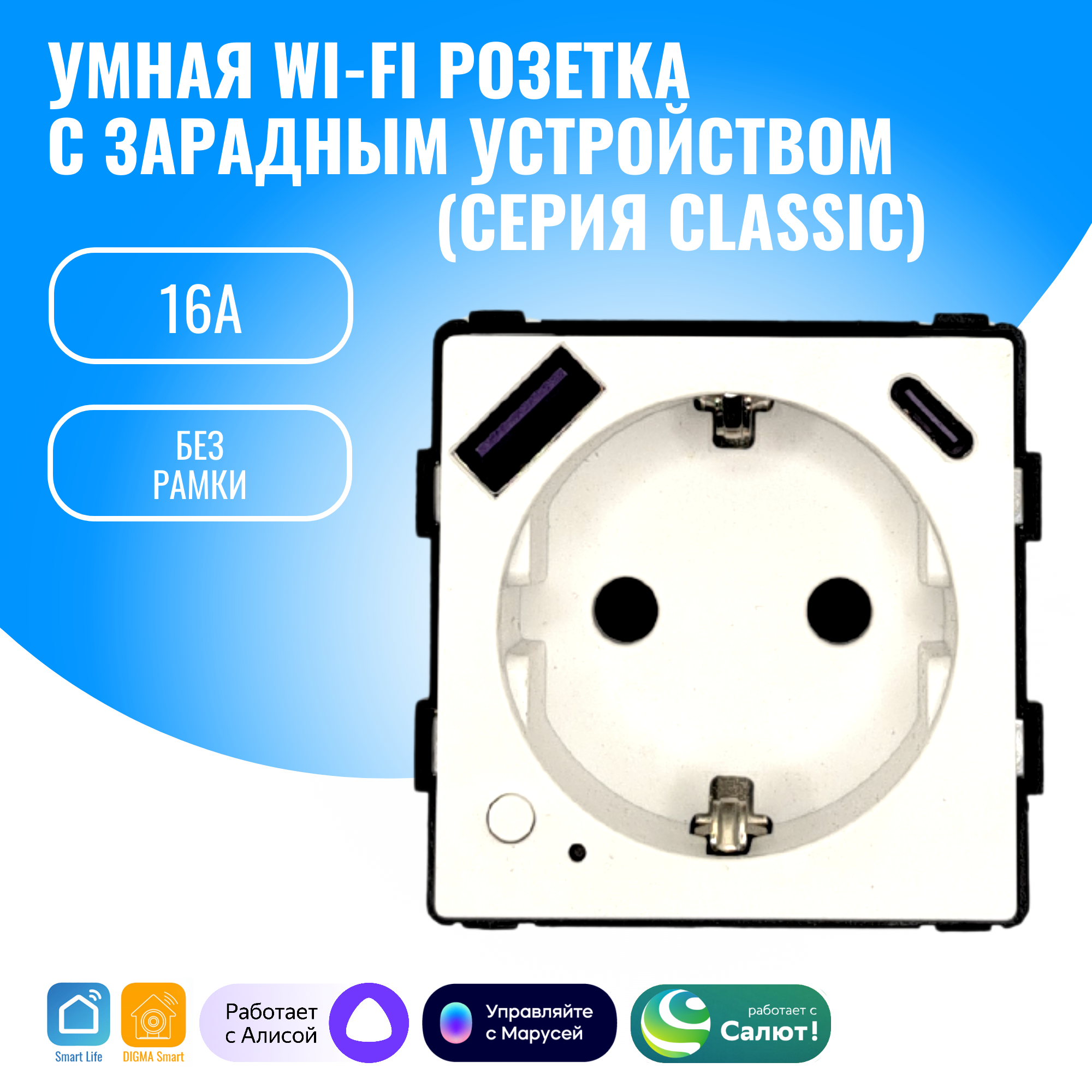Умная WiFi розетка встраиваемая с USB и Type-C Smart Aura модуль без рамки (белый)