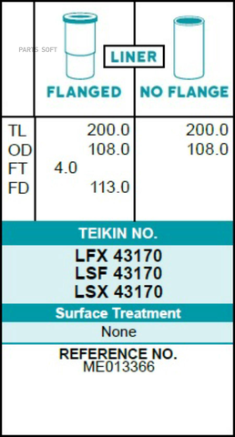 Гильза блока цилиндров TEIKIN LFX43170 (4шт/упак) хонингованная