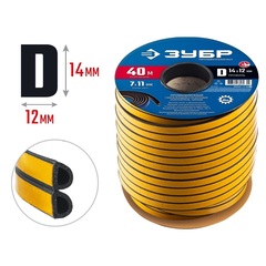 ЗУБР 40 м, D-профиль, размер 14 х 12 мм, черный, самоклеящийся промышленный резиновый уплотнитель, Профессионал (40950-14-40)