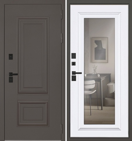 Входная дверь уличная АСД с терморазрывом 3К Норильск муар коричневый с зеркалом/ Белый матовый