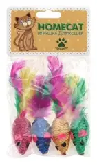 HOMECAT игрушка для кошек мышки веревочные с пером гремящие 4 шт 5 см