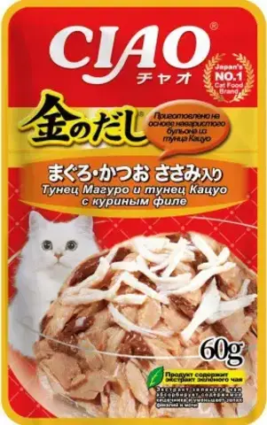 INABA Ciao консервы для кошек Тунец Кацуо и тунец Кацуо с куриным филе 60 гр