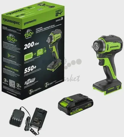 Гайковерт ударный аккумуляторный Greenworks G24IW200, 24V, б/щет, 3/8'', 200Нм, 1х2Ач, ЗУ, кор (3803607CUA)