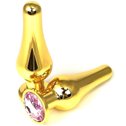 Золотистая удлиненная анальная пробка с нежно-розовым кристаллом