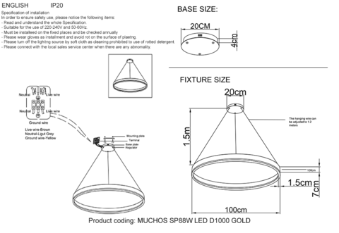 Подвесная светодиодная люстра Crystal Lux MUCHOS SP88W LED D1000 GOLD